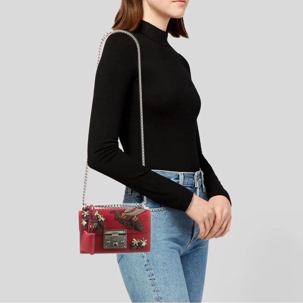 Limited Edition Gucci Padlock Bee Embroidered Bag Hibiscus Red New - Picture 11 of 11
